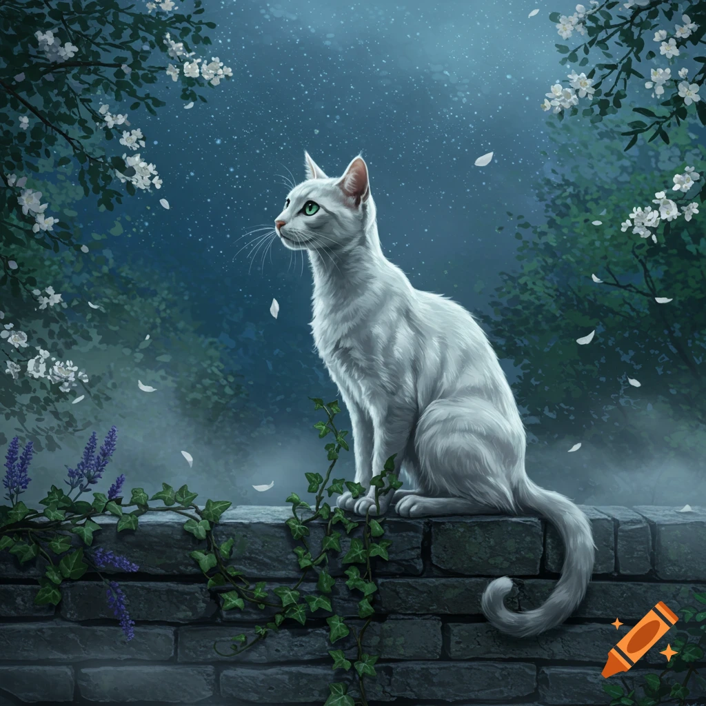 A white cat with green eyes sits on a stone wall at night, surrounded by flowering trees and ivy under a starry sky.