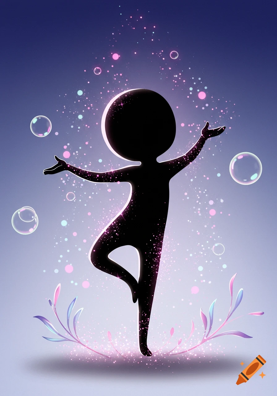 A black silhouette figure balancing on one leg with outstretched arms, surrounded by pink and blue sparkles and bubbles. Stylized illustration.