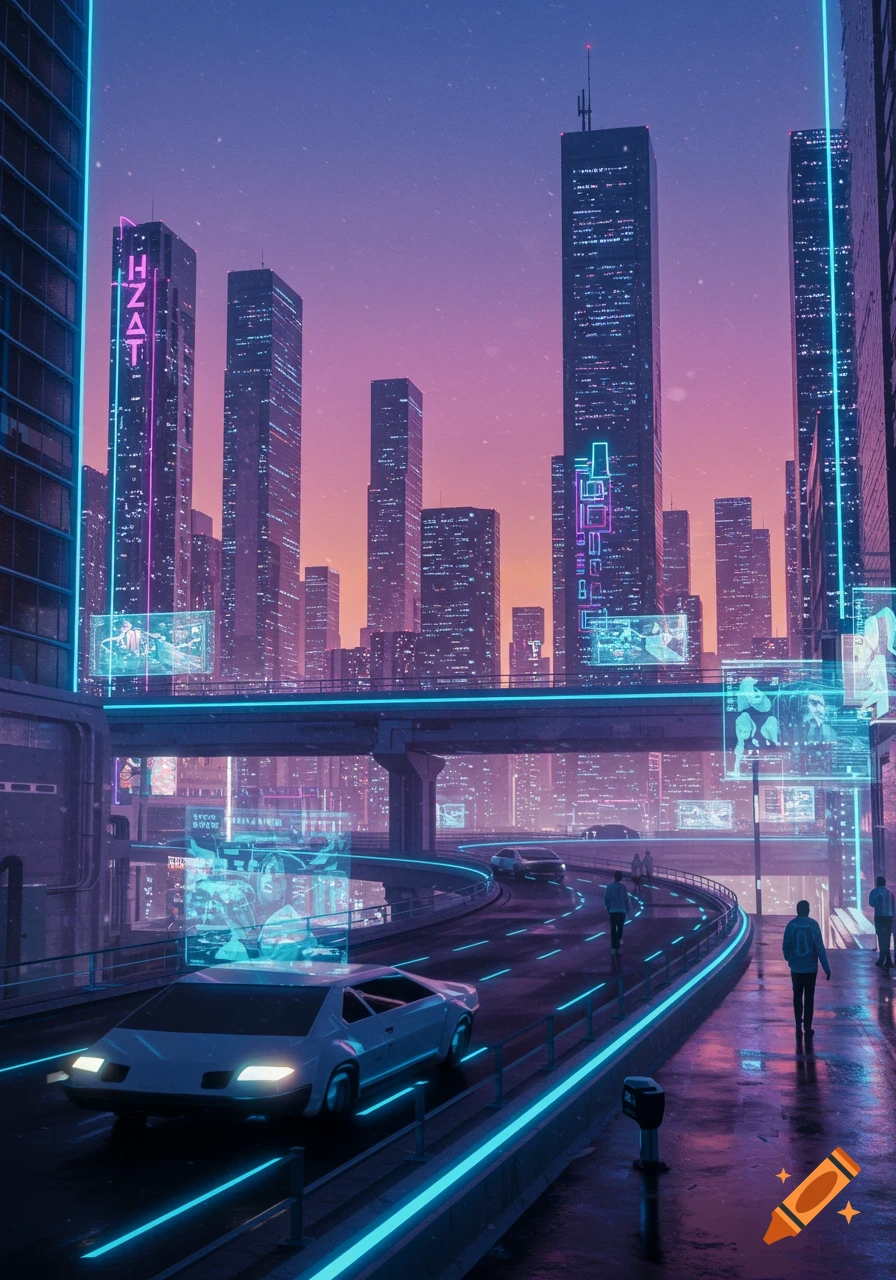 A futuristic cyberpunk city at twilight with neon-lit skyscrapers, glowing roads, and holographic displays, featuring cars and pedestrians.