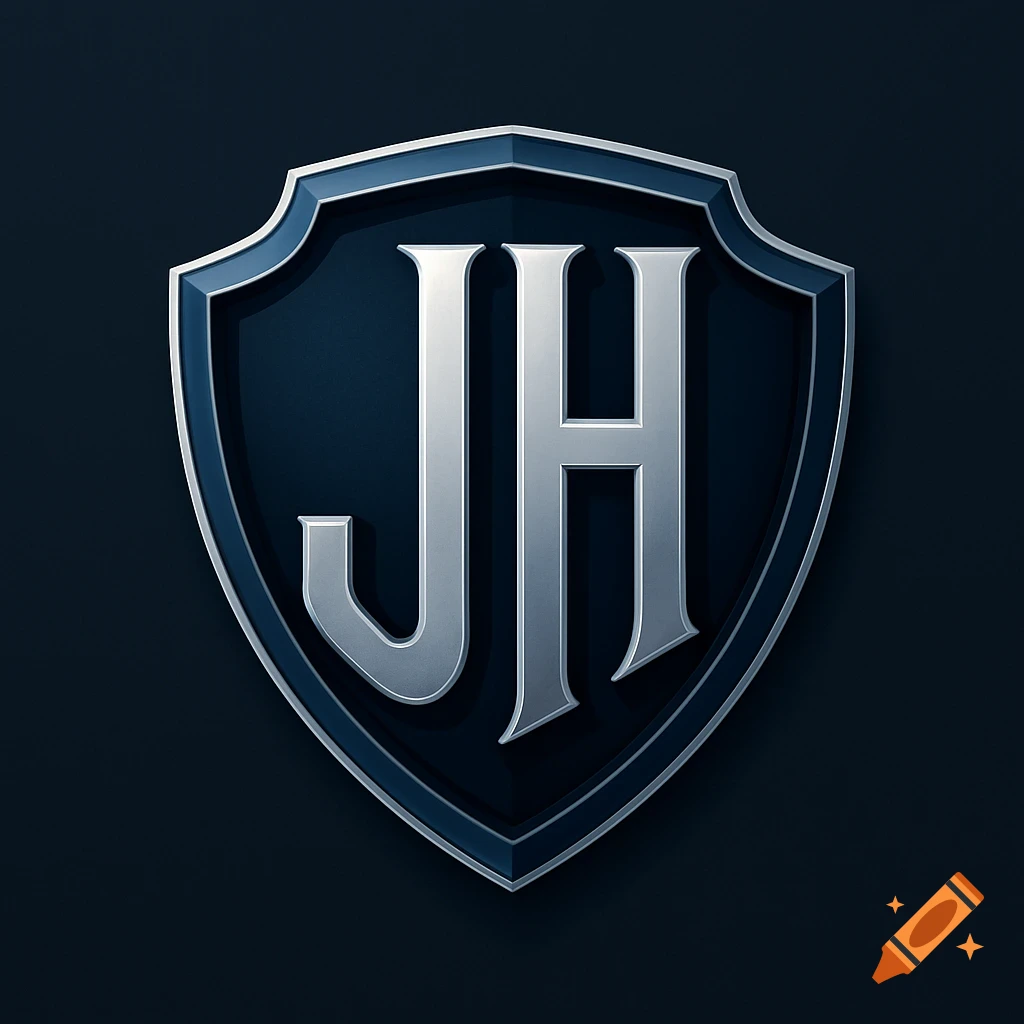 A metallic silver 'JH' monogram inside a blue shield logo with an embossed, sophisticated style on a dark background.