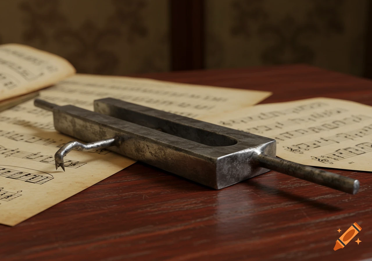 An aged, pitted two-tine tuning fork with a warped tine rests on sheet music atop a wooden table.