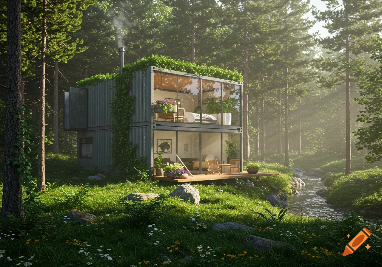 A modern, elegant two-story shipping container house with a green roof and large windows, nestled in a lush, sun-dappled forest with a stream.