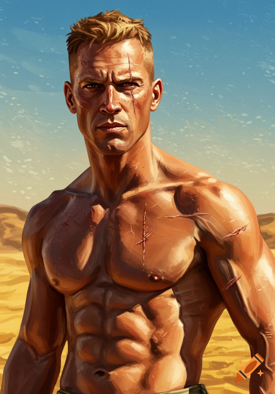 A muscular, battle-scarred man with a buzz cut stands shirtless in a desert, looking intense.