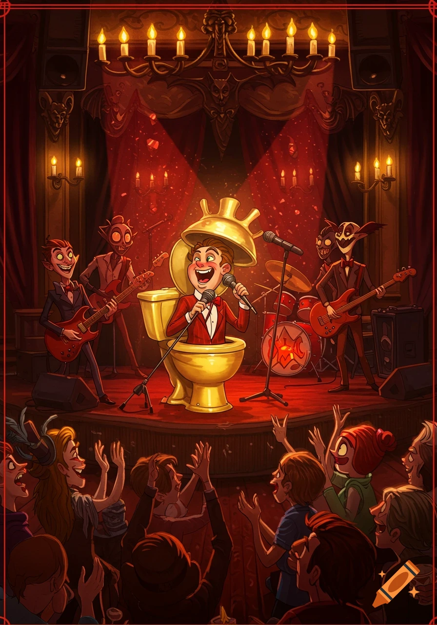 Cartoon band performs on a red-lit stage; a man sings from inside a golden toilet, flanked by monster-like musicians, while a cheering audience applauds.