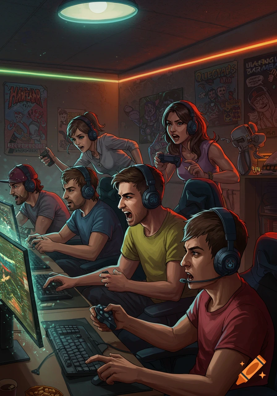 An illustration of a diverse group of young adults intensely playing video games in a dark room illuminated by neon lights.