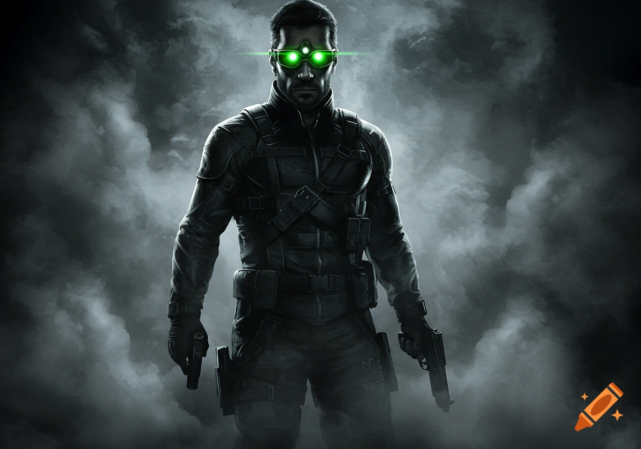 Digital art of Sam Fisher from Splinter Cell in tactical gear with glowing green goggles, holding pistols in smoke.