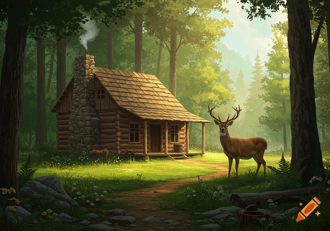 A log cabin in a lush, sunlit forest with a large deer standing on a dirt path nearby. Digital painting.