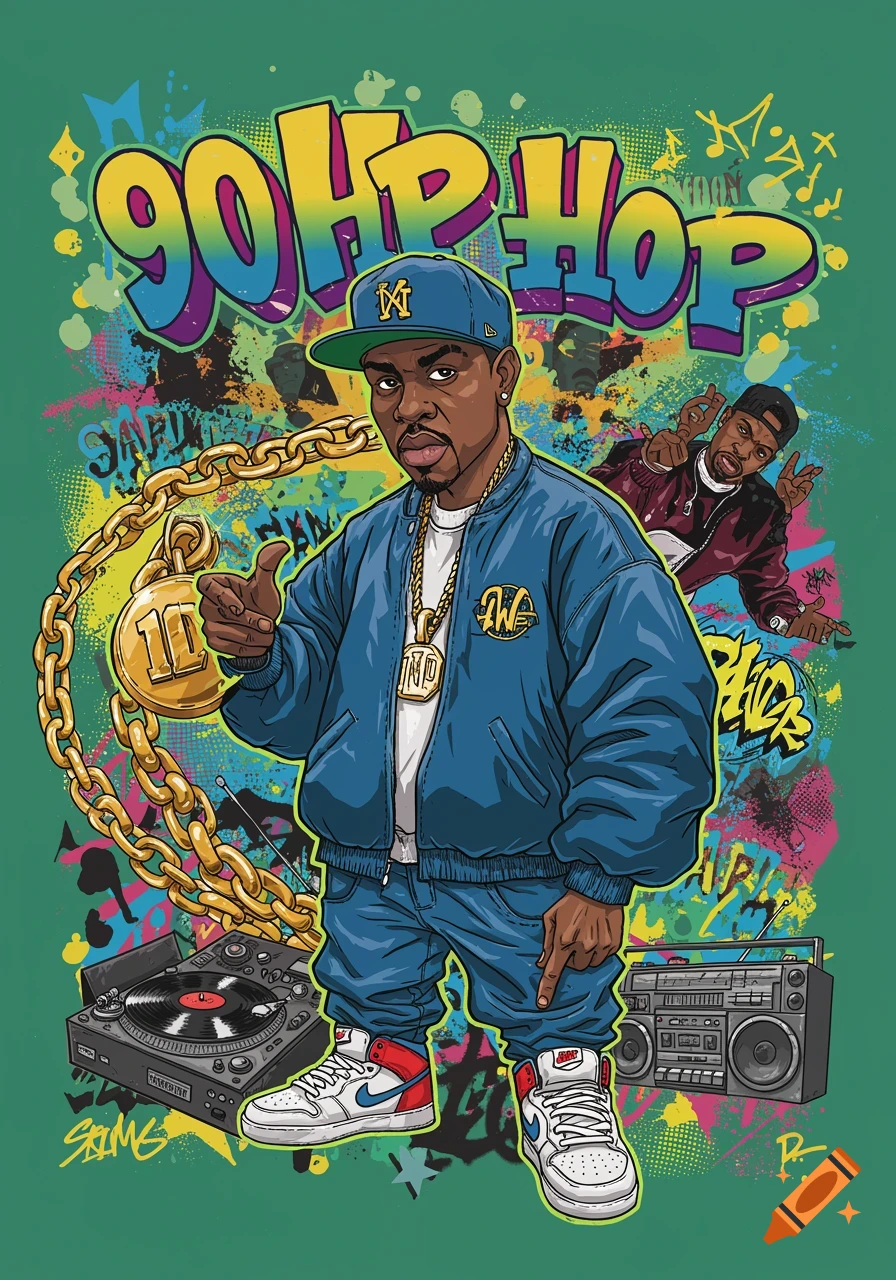 A vibrant cartoon illustration in a 90s hip-hop style. A man in a blue jacket and jeans with gold chains gives a thumbs-up, next to a turntable and boombox. "90s HIP HOP" is written in graffiti script above them.