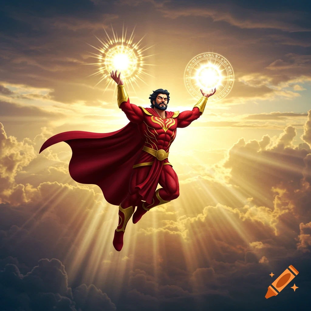 A powerful Indian superhero in red and gold armor with a flowing cape flies through a cloudy, sunlit sky, holding two glowing magical orbs.