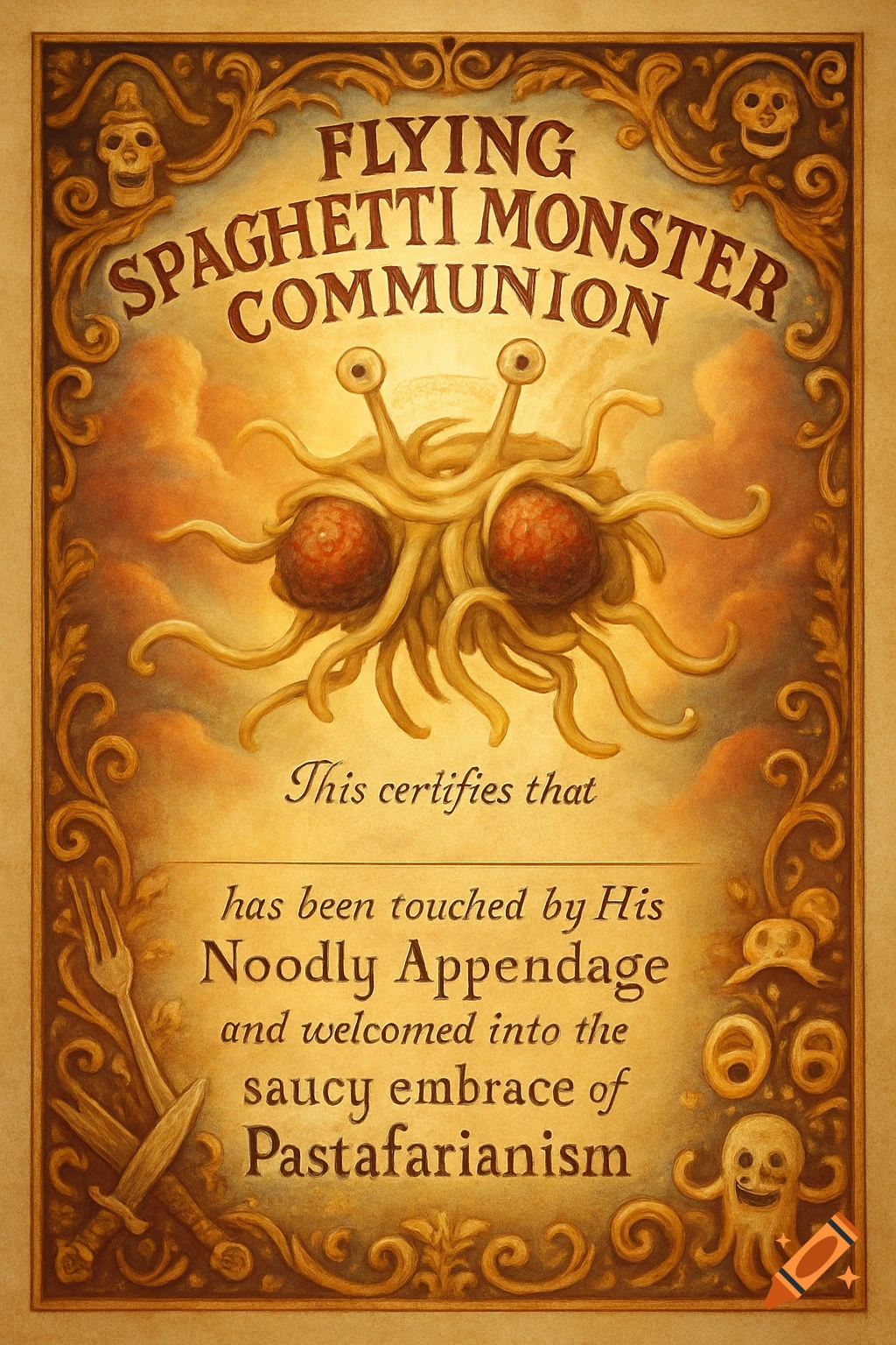 A humorous, ornate certificate for 'Flying Spaghetti Monster Communion' featuring the deity, forks, knives, and skulls.