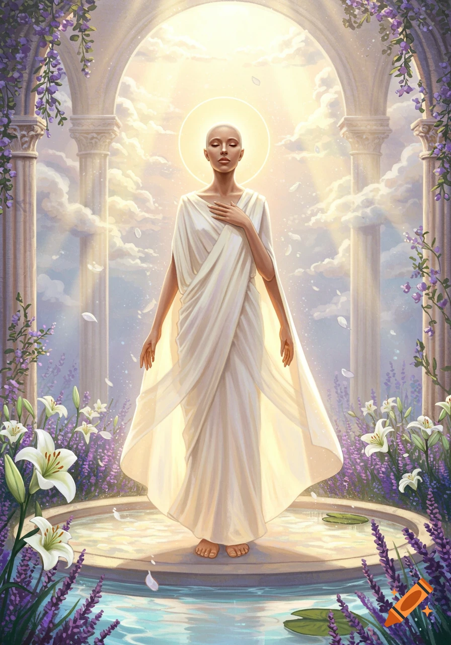 A serene, bald woman in white robes with a halo stands in a classical archway surrounded by lilies and purple flowers, bathed in ethereal light.