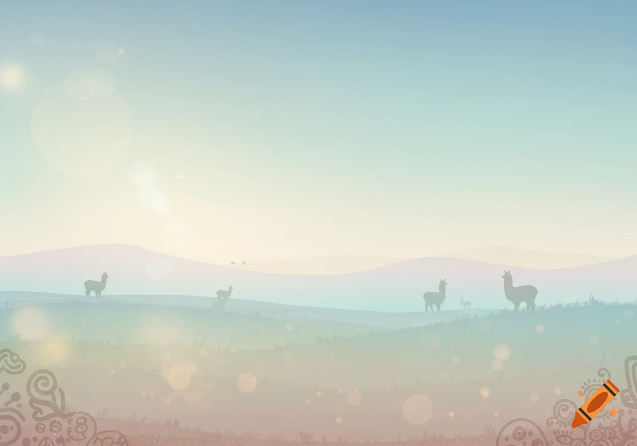 A minimalist pastel landscape with silhouetted alpacas on rolling hills under a soft, hazy sky with bokeh effects.