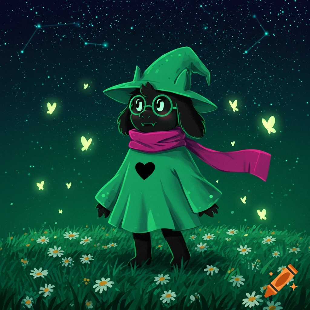 A dark, fluffy, goat-like character in a green wizard hat and robe with a pink scarf stands in a field of daisies under a starry night with fireflies.