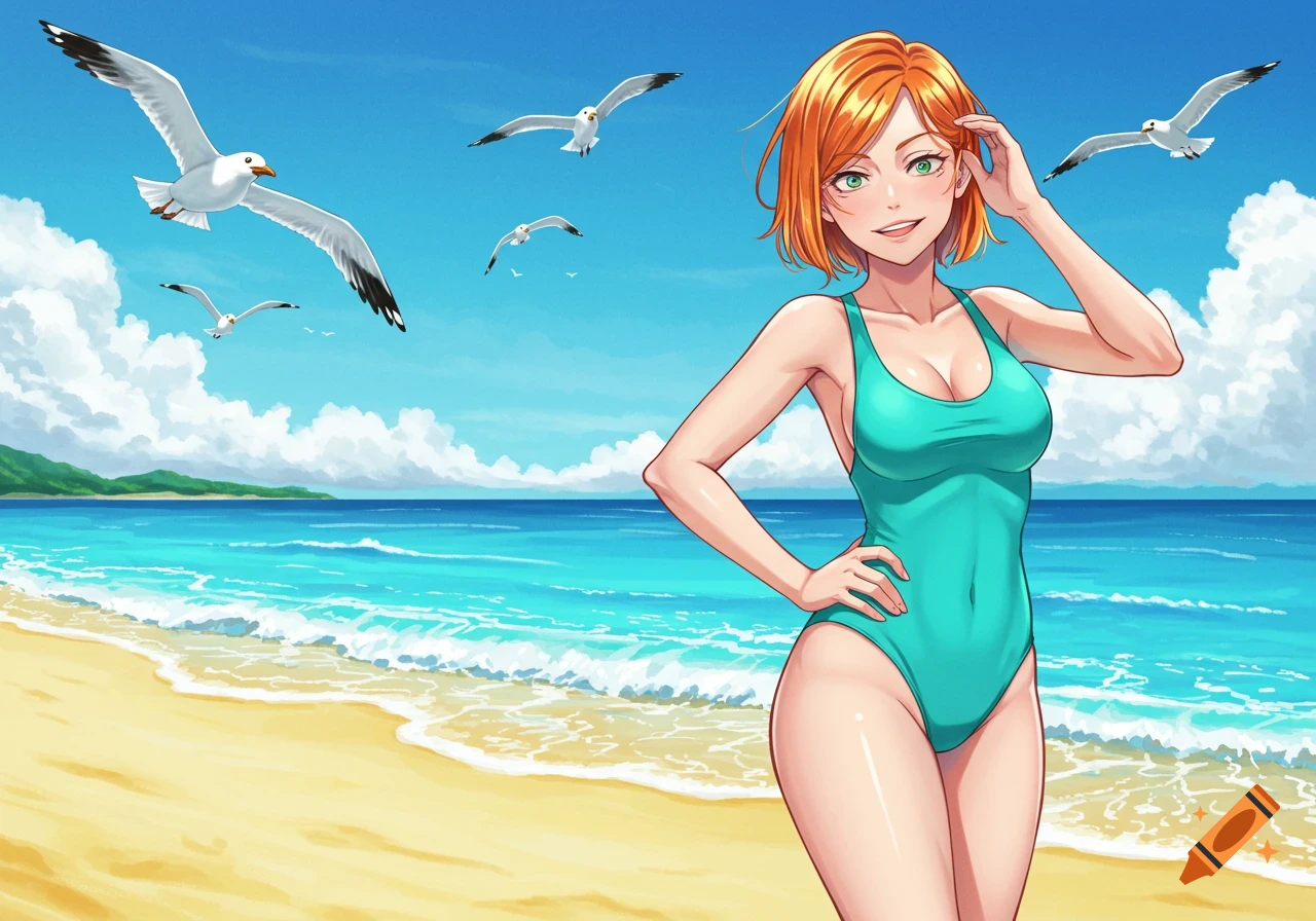 Anime-style illustration of a smiling woman with short orange hair in a teal swimsuit on a sandy beach with seagulls flying over a blue ocean.