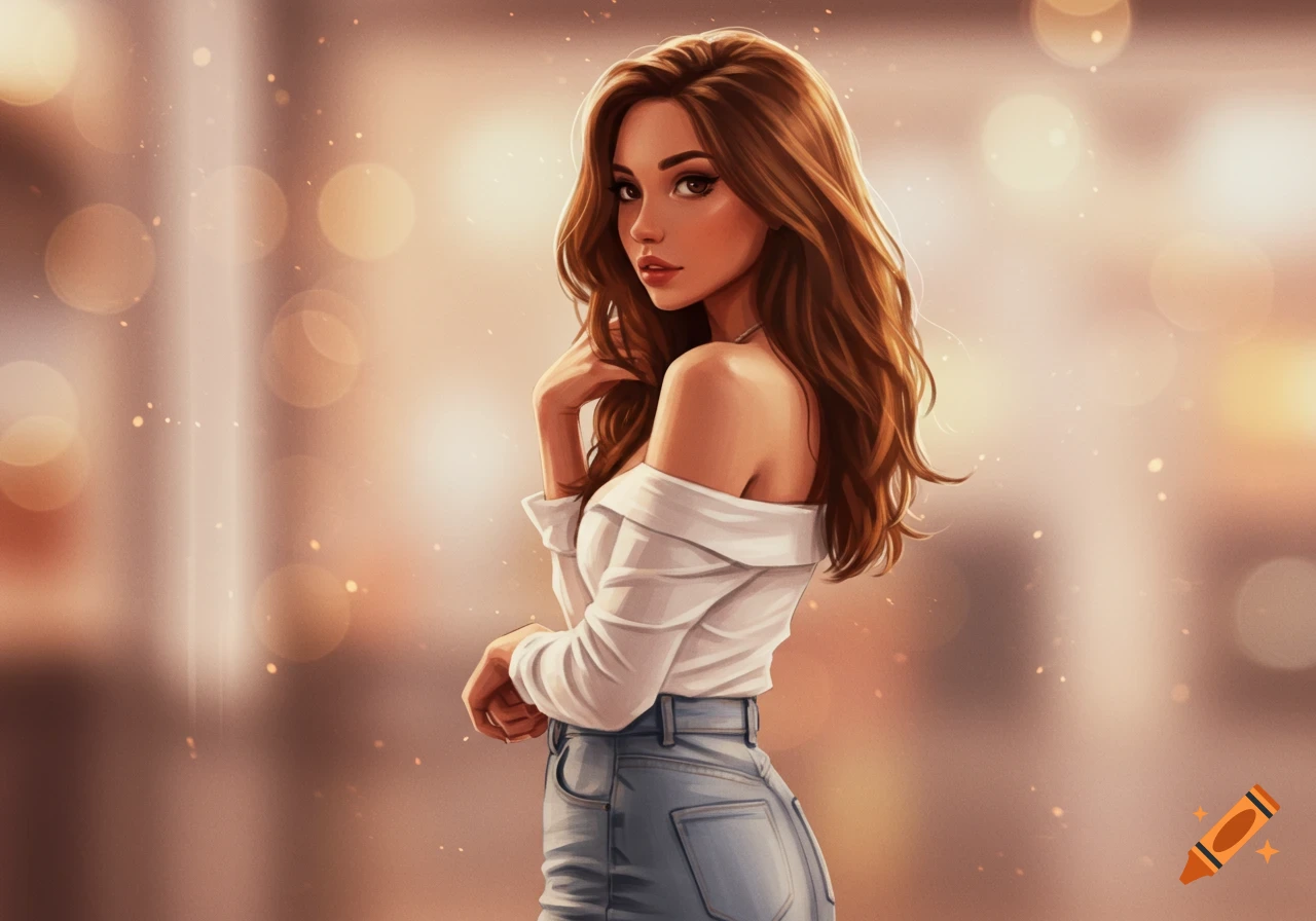 An illustrative portrait of a woman with long brown hair, wearing a white off-shoulder top and jeans, looking over her shoulder.