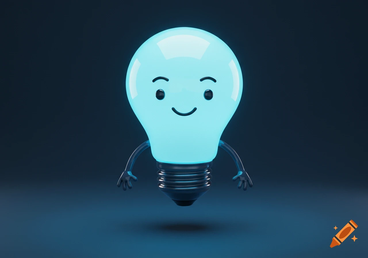 A glowing blue 3D cartoon lightbulb character with a happy face and small arms and three-fingered hands, floating in a dark blue space.