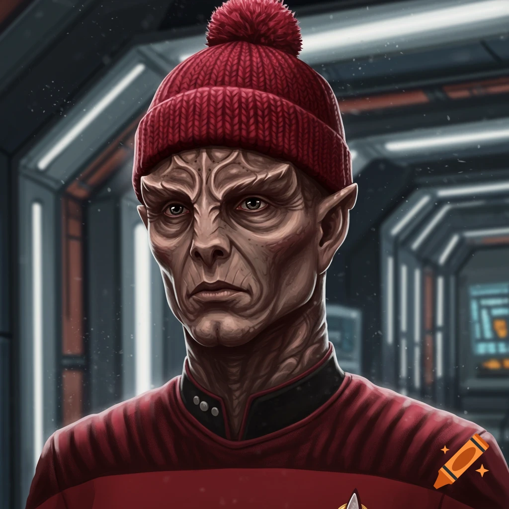 A close-up portrait of a grey-skinned Cardassian alien with facial ridges and pointed ears, wearing a red knit hat with a pom-pom, set in a spaceship corridor.