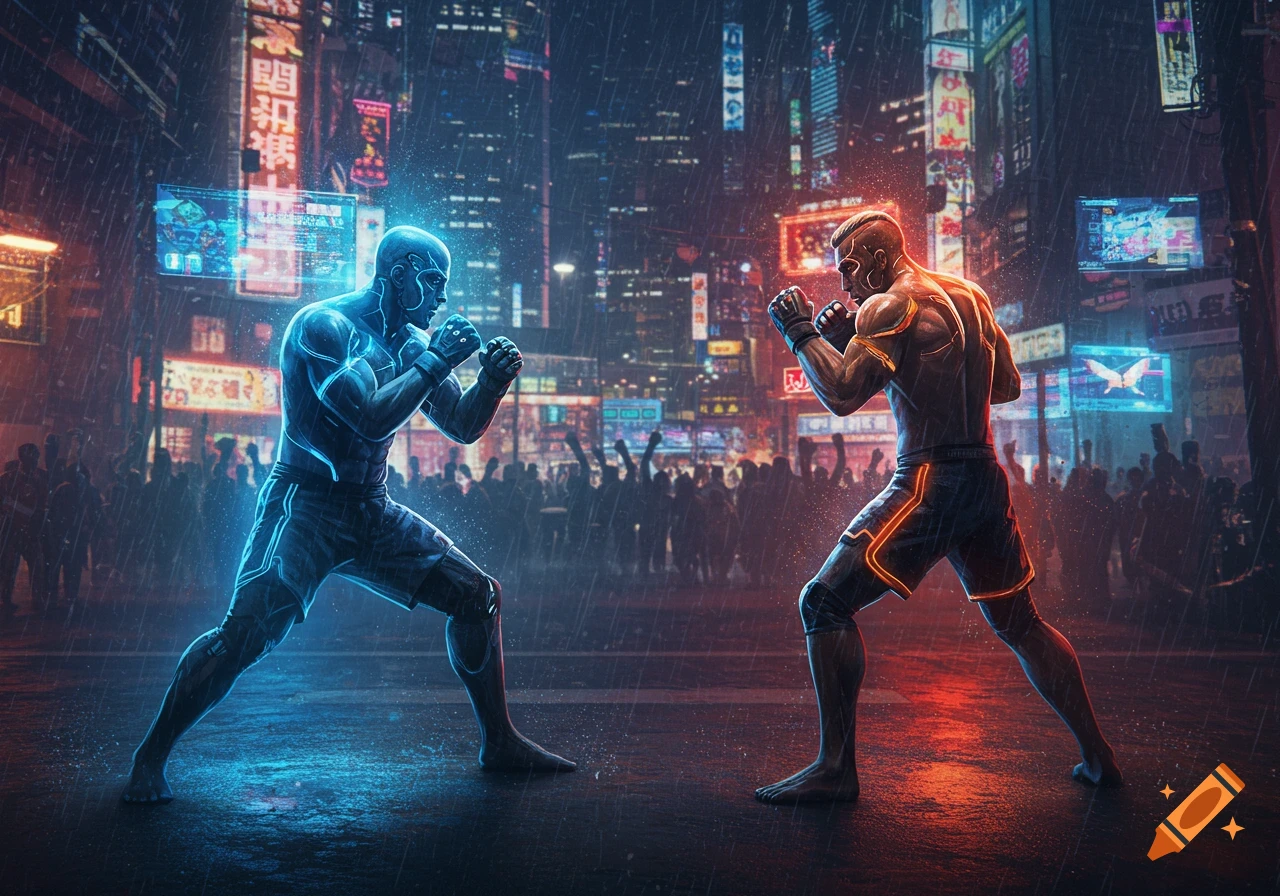 Two glowing futuristic fighters, one blue and one orange, face off in a rainy cyberpunk city street.