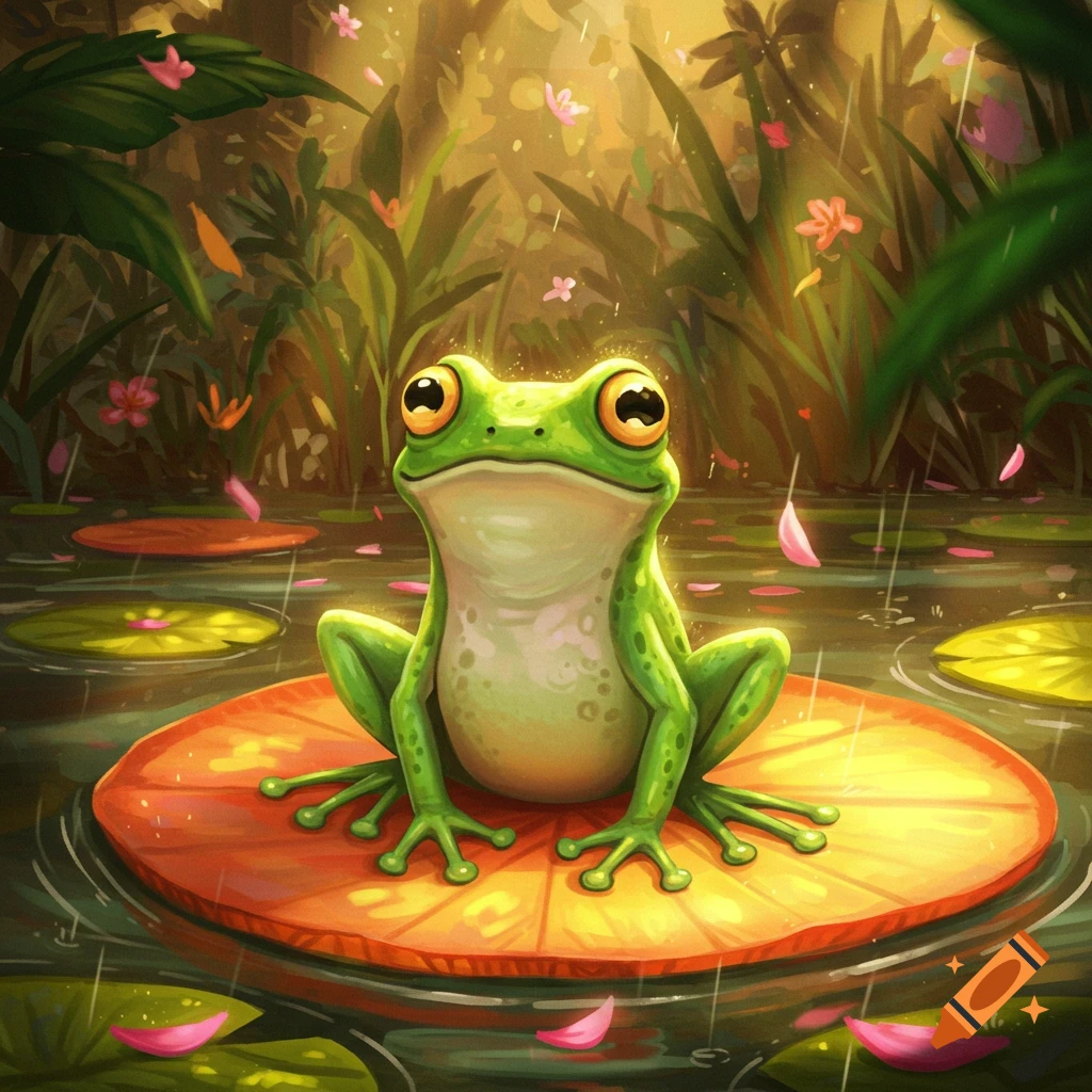 A cute, big-eyed green frog sits on an orange lily pad in a pond surrounded by lush foliage and falling pink petals, in a whimsical illustration.