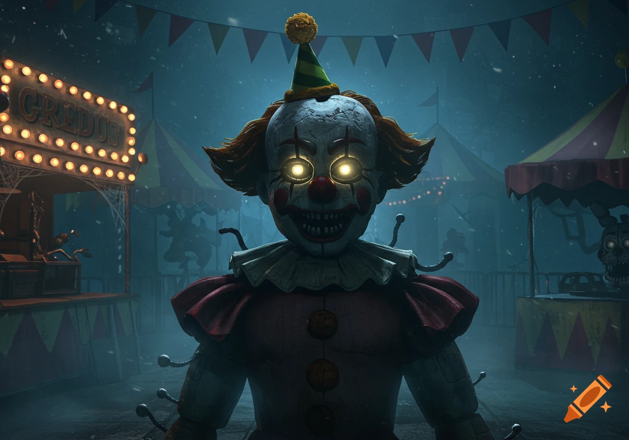 A creepy animatronic clown with glowing eyes stands in a dark, misty carnival at night.