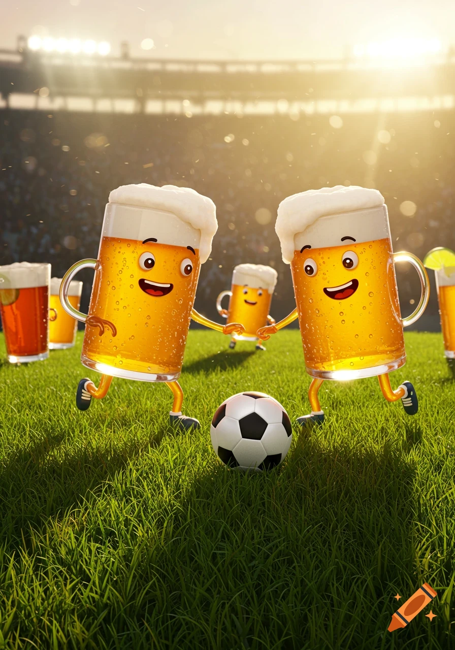 Two cheerful cartoon beer mugs with frothy heads play soccer on a green field in a stadium under bright sunlight.