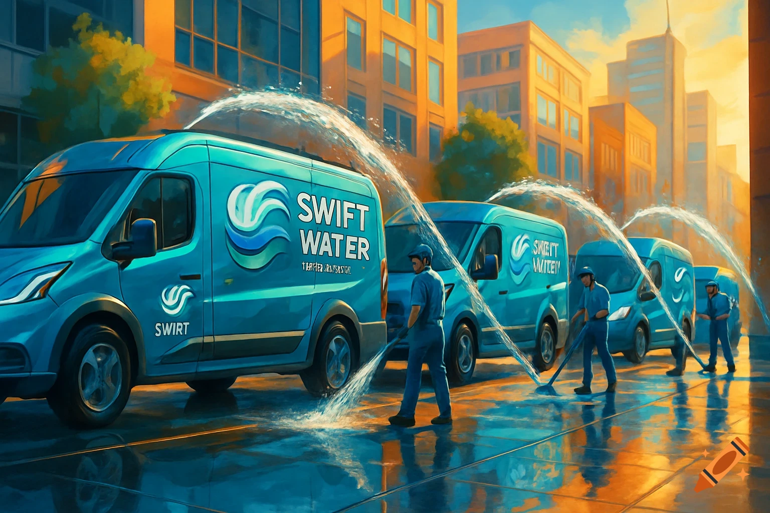 Blue vans from 'Swift Water' cleaning company parked on a wet street with workers hosing down the pavement in a city setting.