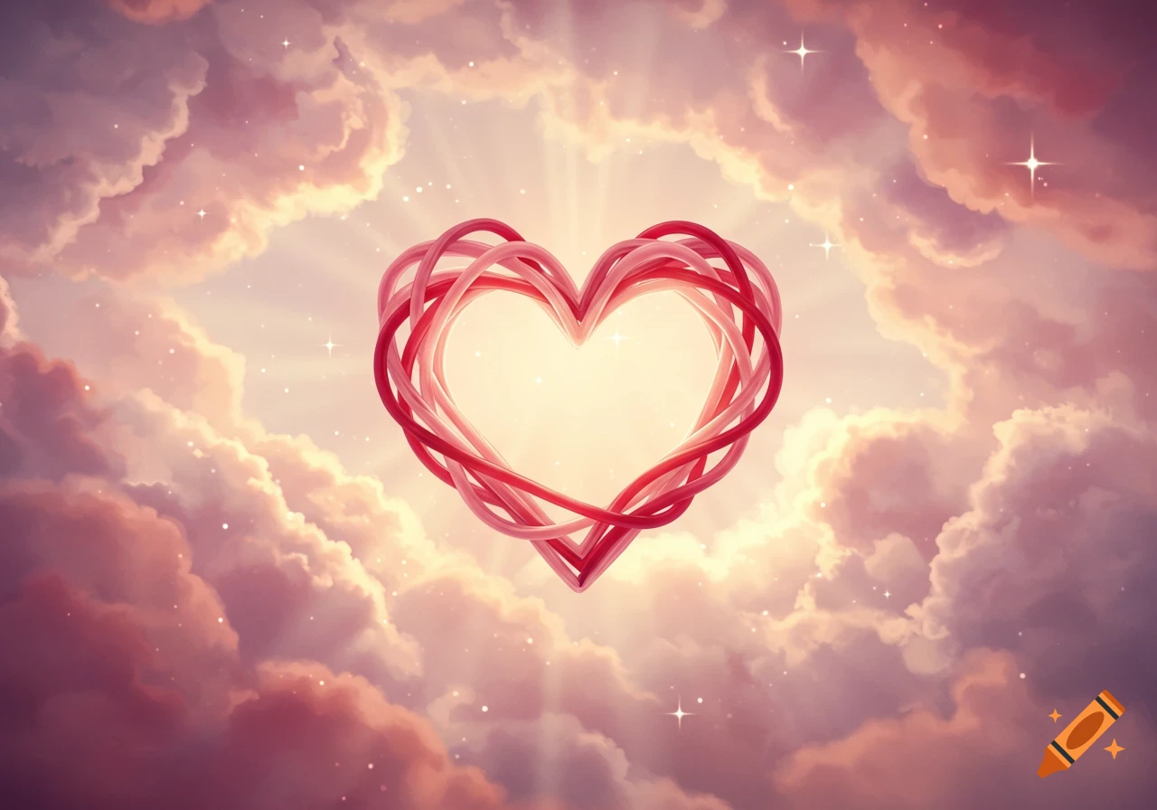 A heart made of intertwined red and pink ribbons glowing brightly amidst pink and orange clouds with sparkles.
