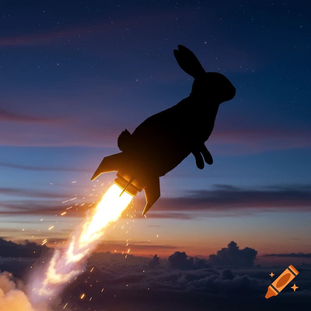 A black silhouette of a rabbit with a rocket attached to its underside, flying upwards through a twilight sky filled with stars and clouds.