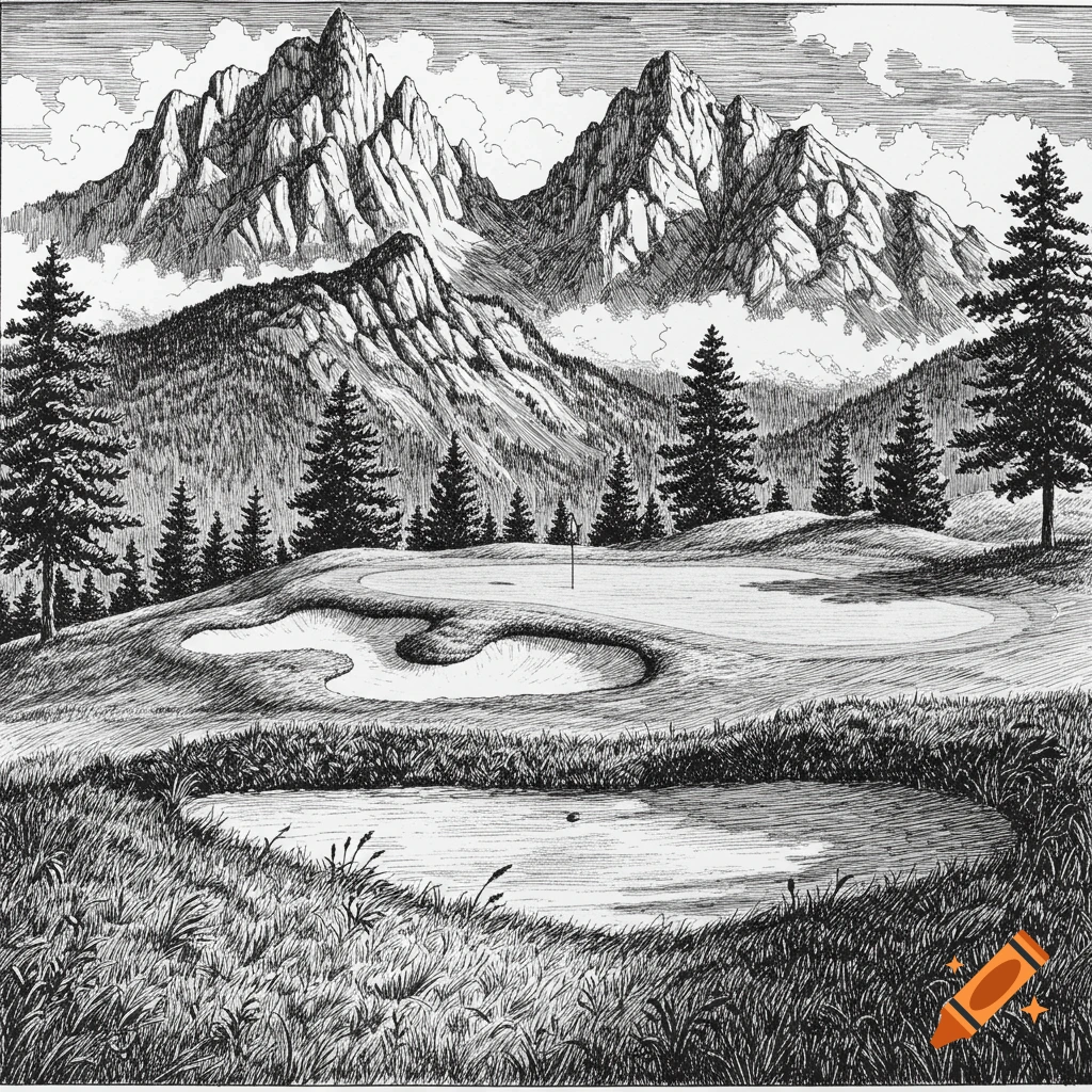 Black and white sketch of a mountain golf course with a green, sand traps, and a pond surrounded by pine trees and towering mountains.