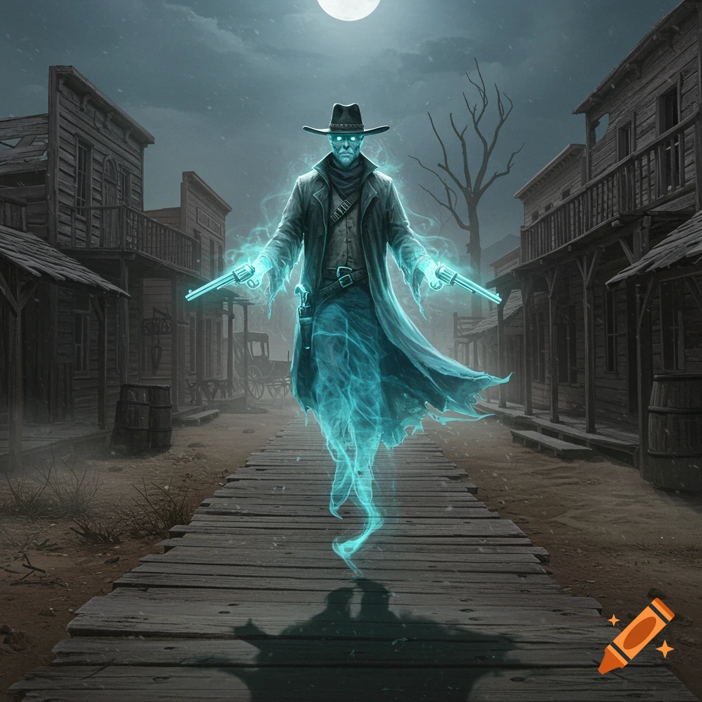 A glowing ghost outlaw holding two revolvers stands on a wooden boardwalk in a deserted Old West town under a full moon.