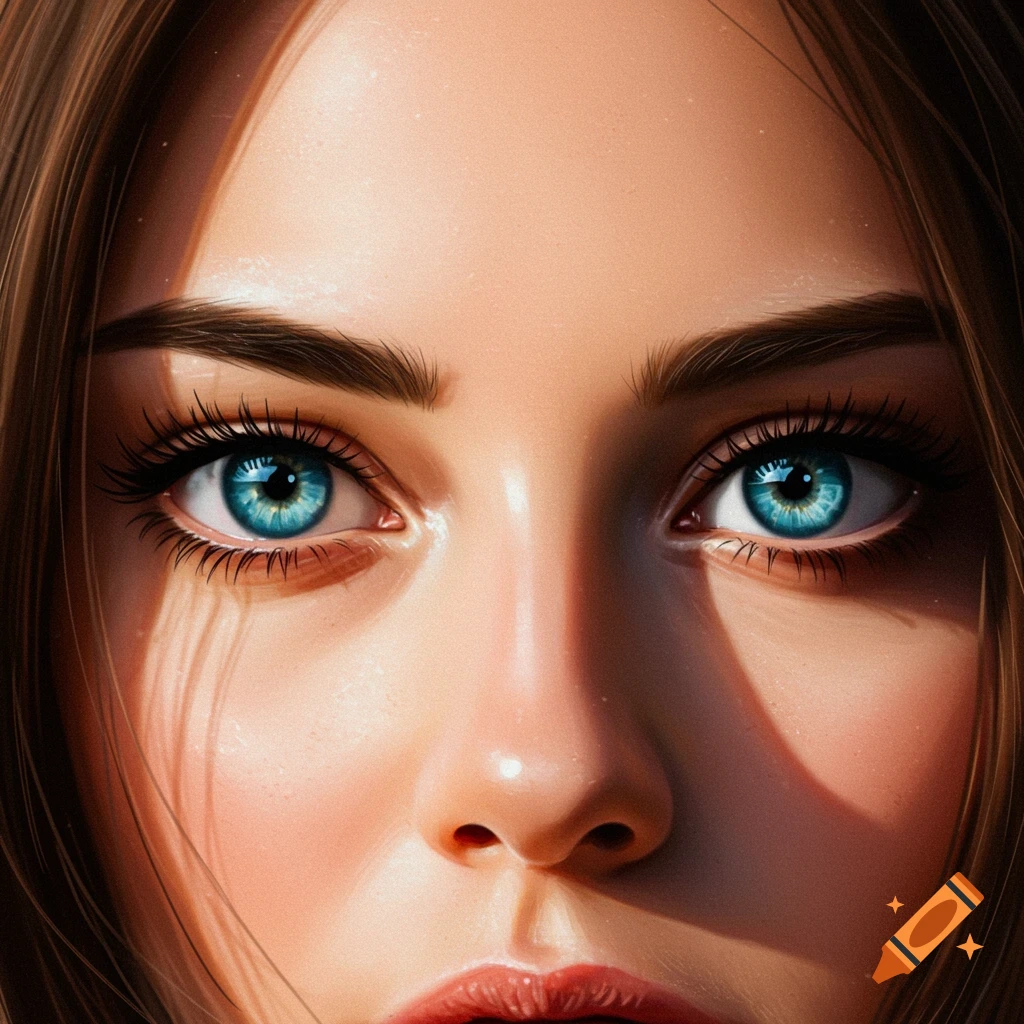 Close-up of a woman's striking blue eyes, detailed eyelashes, and part of her face, with brown hair framing.