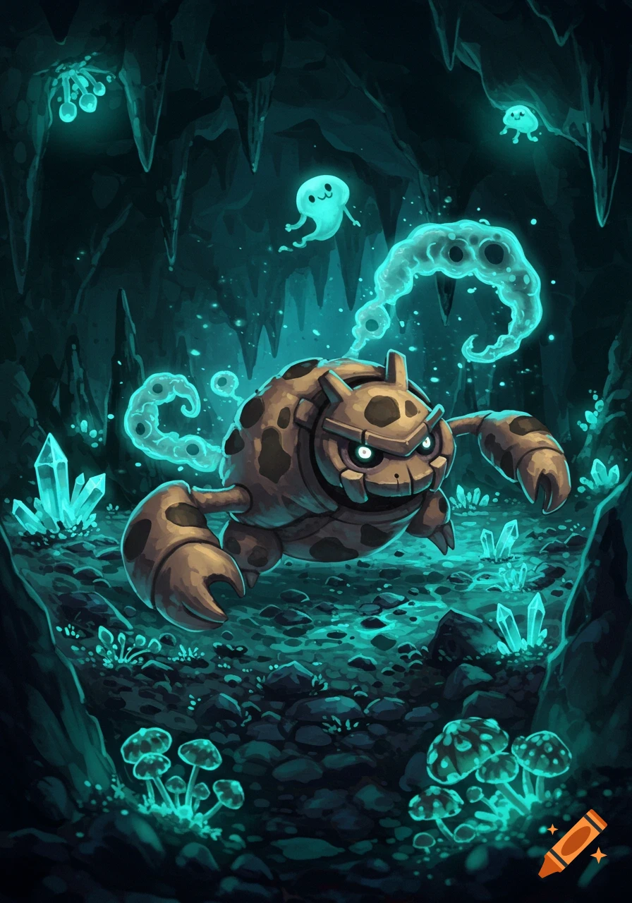 A brown, crab-like creature with dark spots and glowing eyes floats in a dark, glowing blue-green cave with crystals and mushrooms, surrounded by smoke and small ghost-like entities.