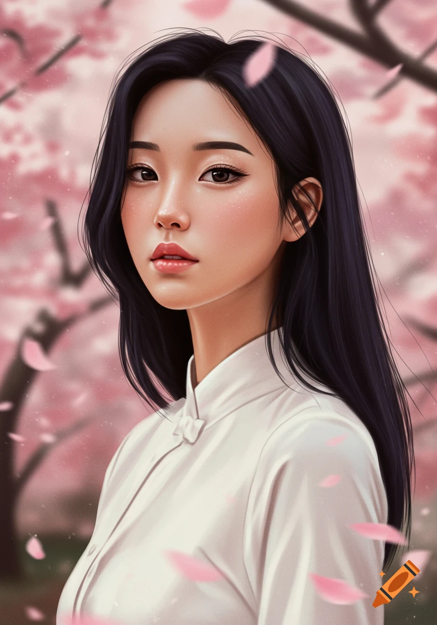 A young Korean woman with a thoughtful expression stands amidst falling pink cherry blossoms in an illustration style.