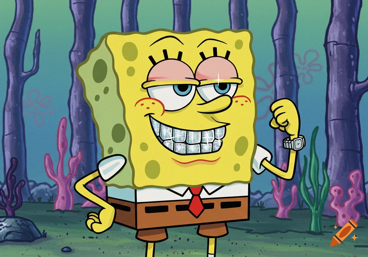 Spongebob Squarepants with red, relaxed eyes, diamond grills on his teeth, and a diamond watch, flexing his arm in an underwater scene.
