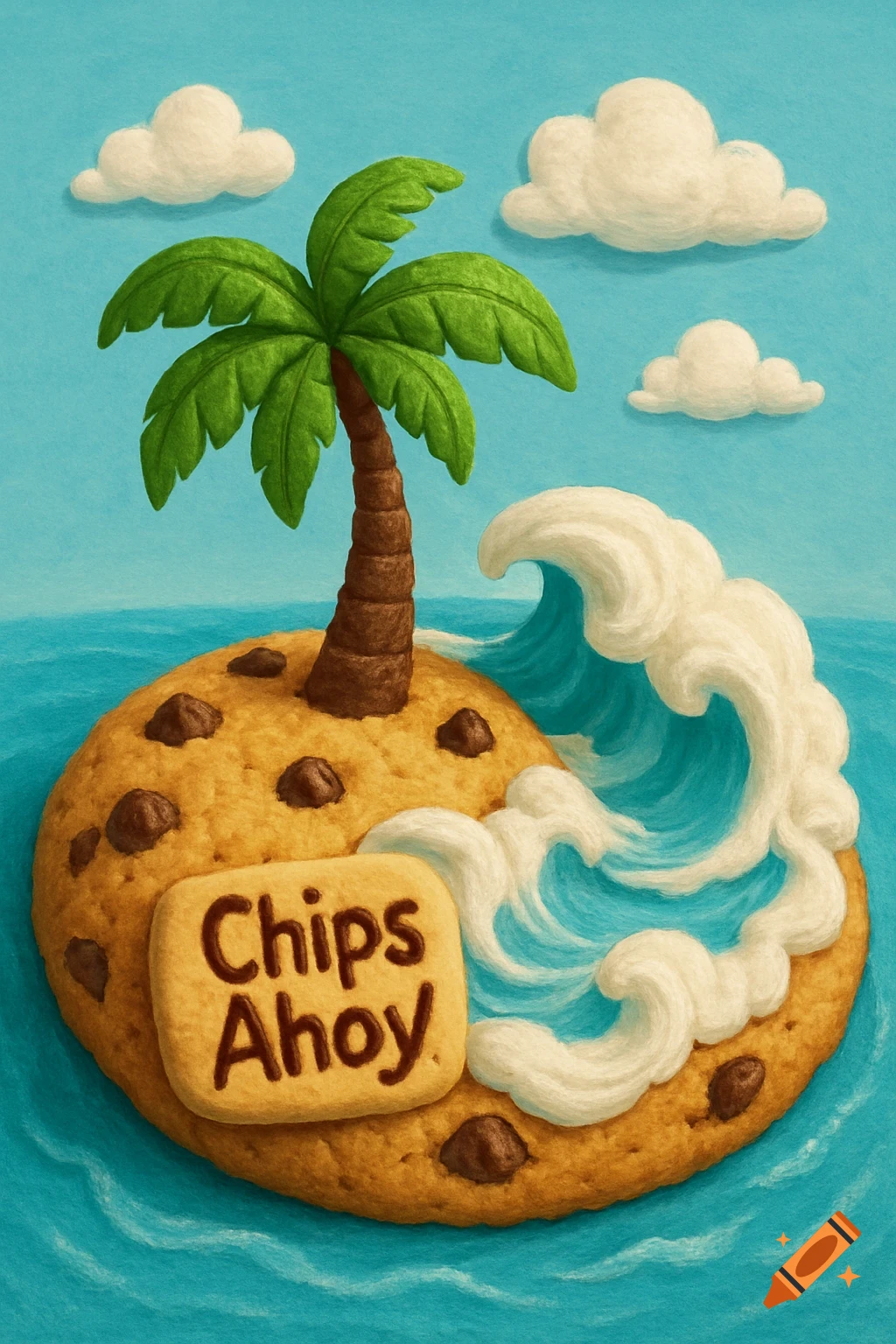 A stylized illustration of a chocolate chip cookie island with a palm tree, a large wave, and clouds, featuring a 'Chips Ahoy' biscuit.