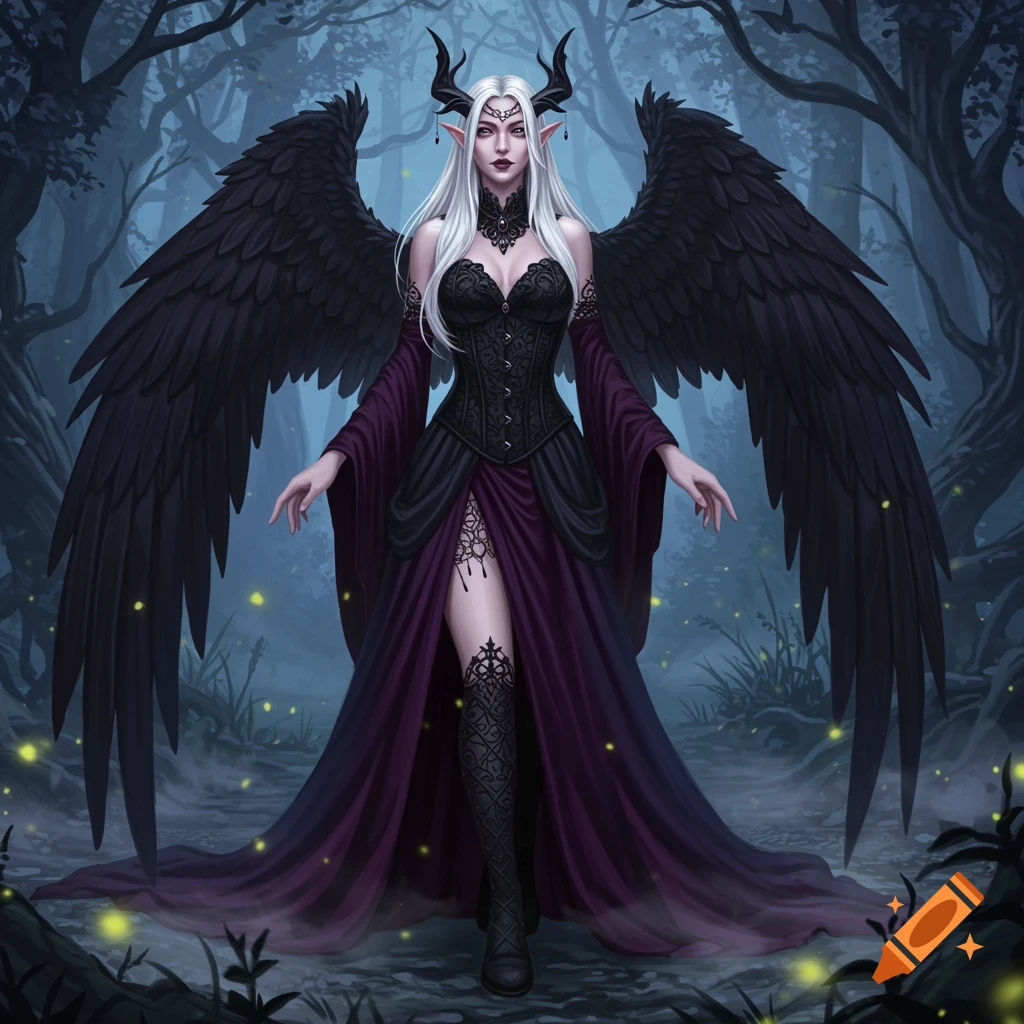 A gothic fantasy woman with white hair, black horns, and large black wings stands in a dark forest with glowing lights.