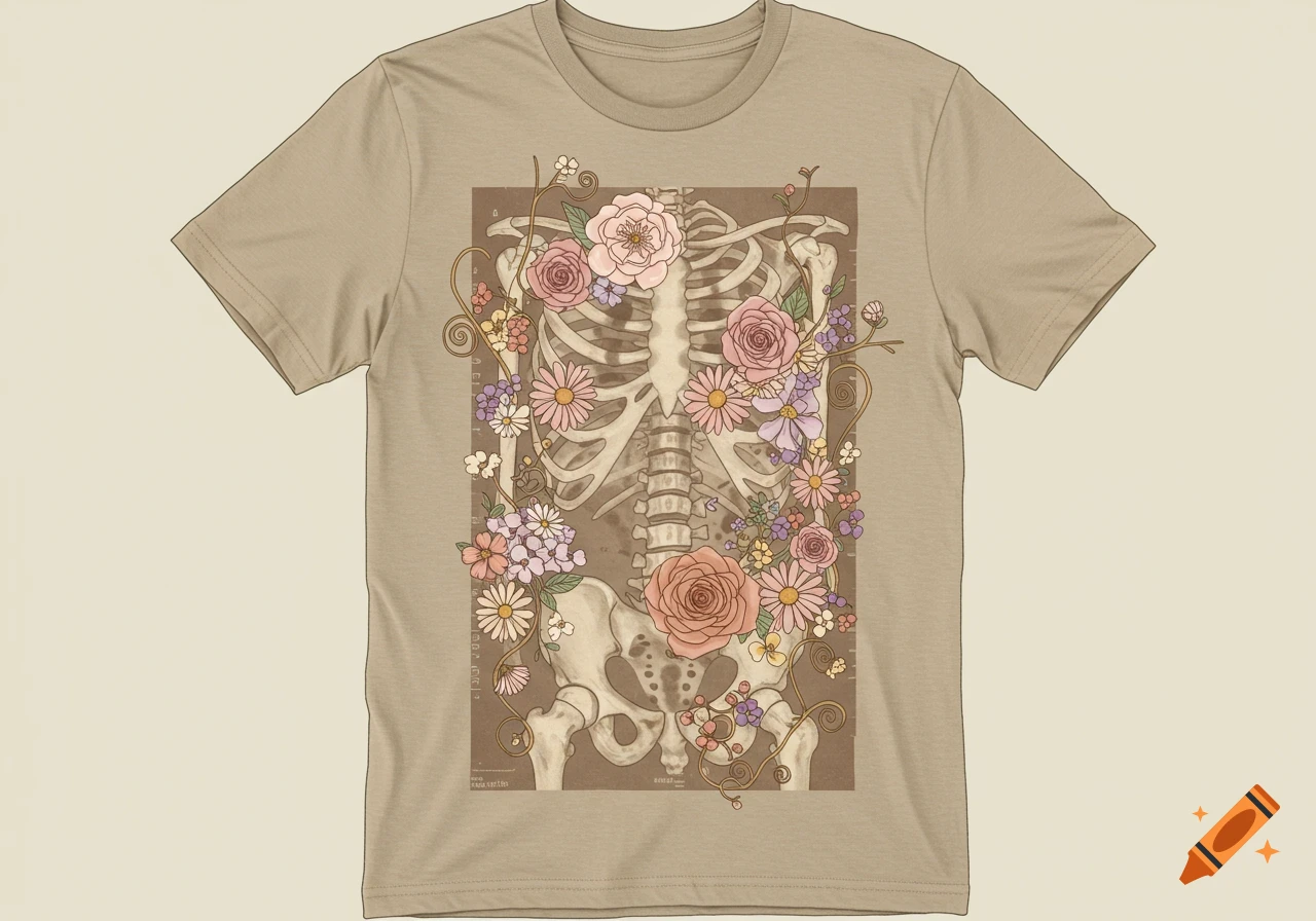 A beige t-shirt featuring a stylized retro X-ray illustration of a human rib cage and pelvis, adorned with colorful pastel flowers and vines.