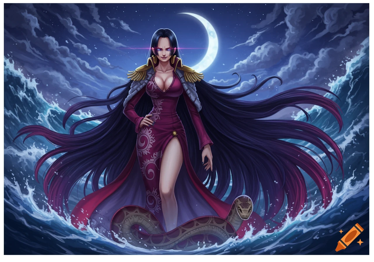 A confident Boa Hancock with flowing long dark hair stands in turbulent water under a crescent moon, a snake at her feet. Illustrated style.