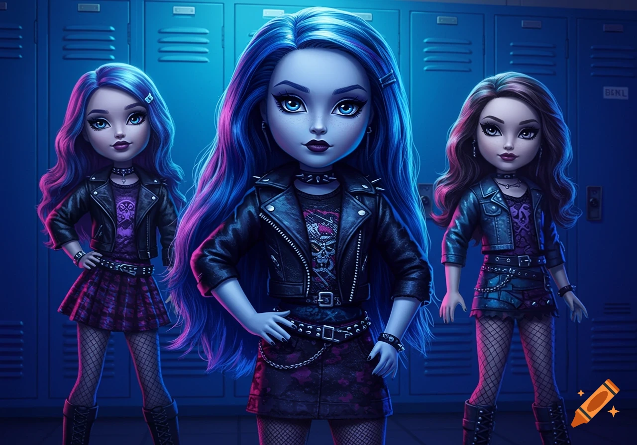 Three edgy, gothic-style dolls with bold makeup and outfits stand in front of blue school lockers.