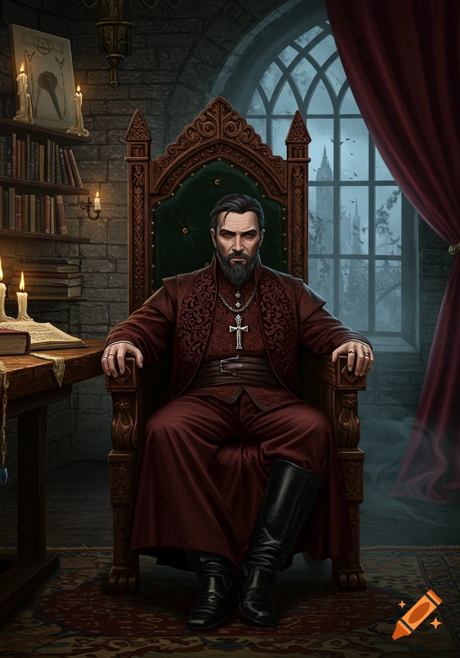 A bearded man in dark, ornate robes and boots sits on an elaborate gothic throne in a dimly lit, stone room with a large window and bookshelves.
