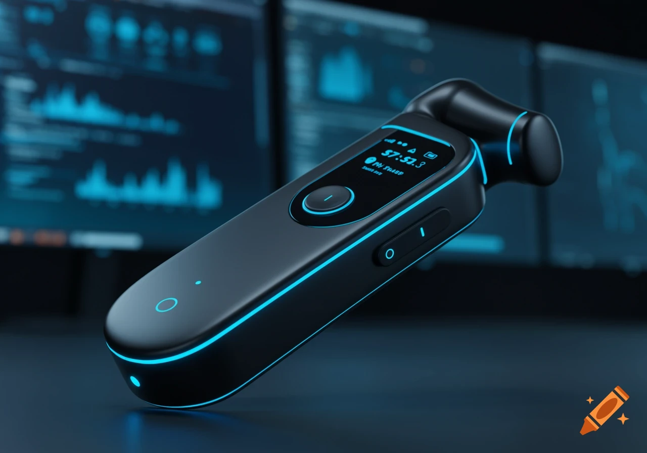 A sleek black wireless handsfree device with blue glowing lines and a digital screen, against blurry tech monitors.
