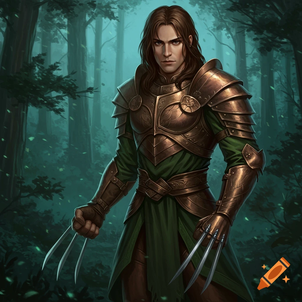 A male warrior in bronze armor with long brown hair stands in a forest, holding wolverine-like claws.