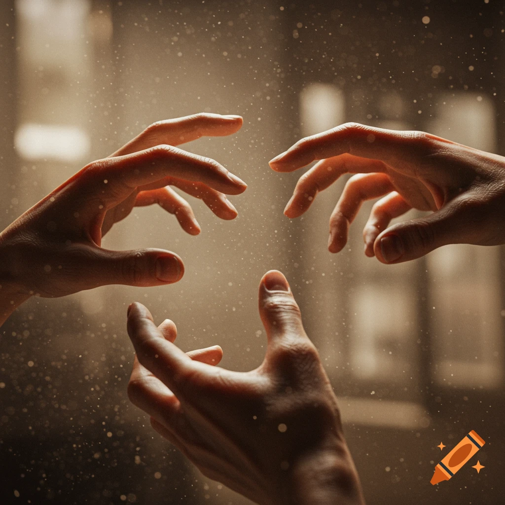 Multiple hands reaching in a dusty, sunlit environment, evocative of connection or creation.