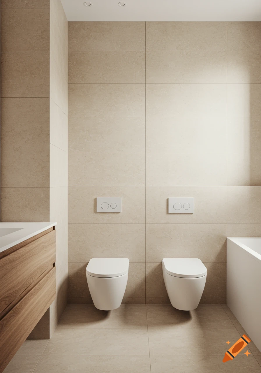 A minimalist modern bathroom with beige tiled walls and floor, two white wall-mounted toilets, and a wooden vanity.