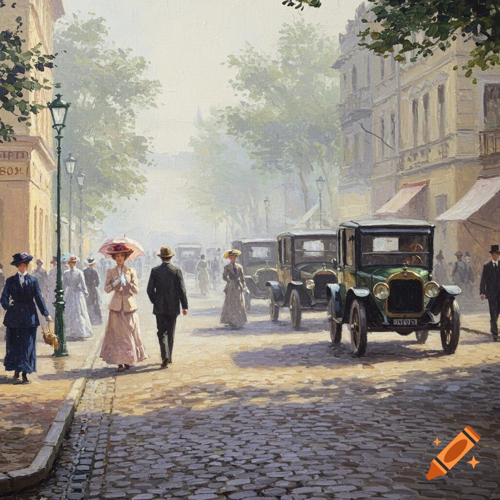 An impressionist painting depicts a bustling early 1900s street scene with people dressed in period clothing and vintage cars on a cobblestone road.