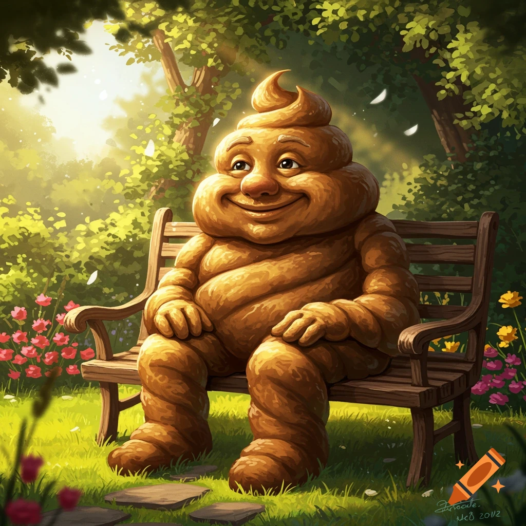 A smiling, humanoid character made of swirled brown material, resembling a pile of feces, sits on a wooden park bench in a sunny, lush green garden.