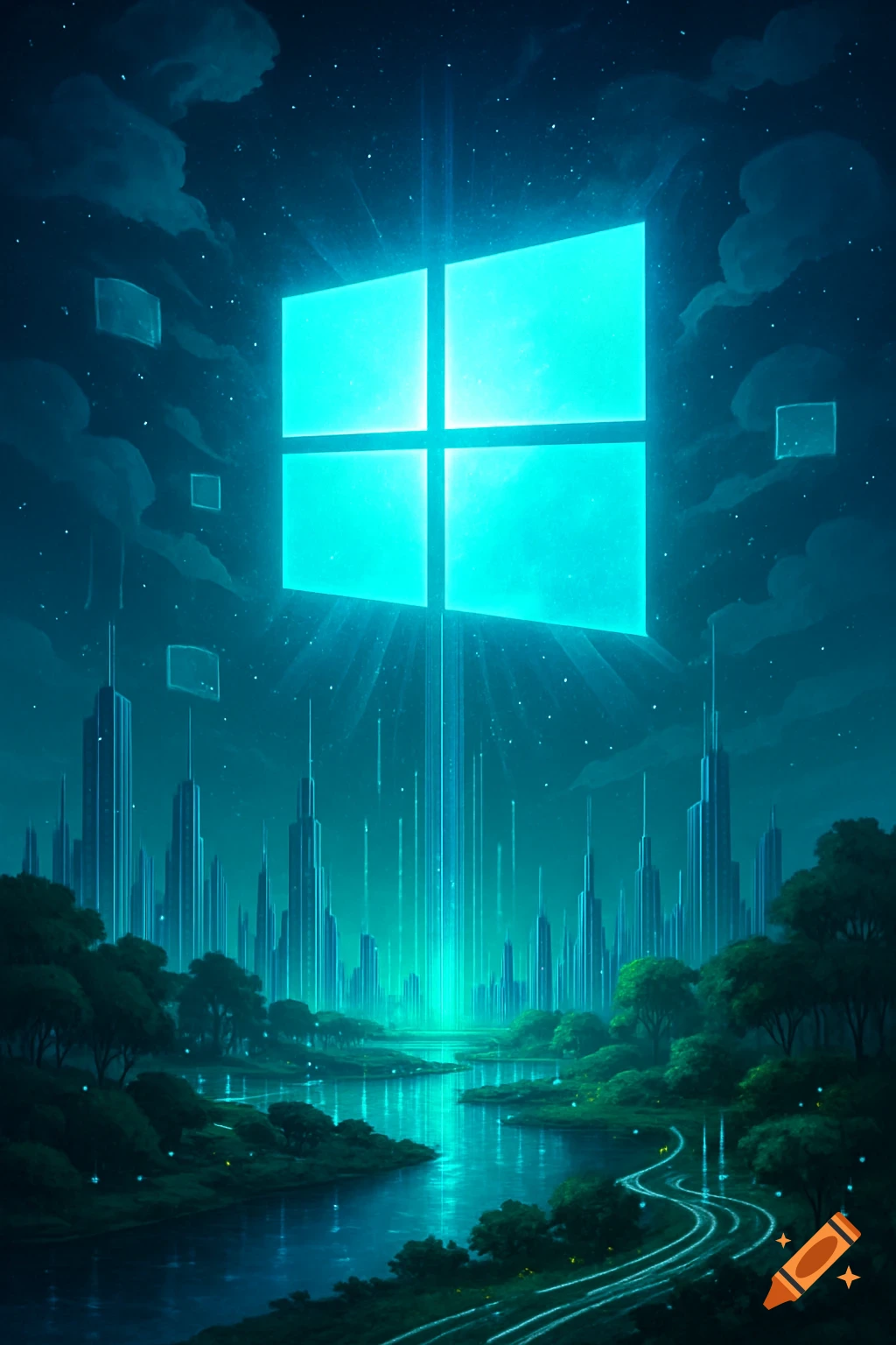 A futuristic cityscape with tall buildings and a river, illuminated by a large, glowing turquoise Windows logo in the night sky.