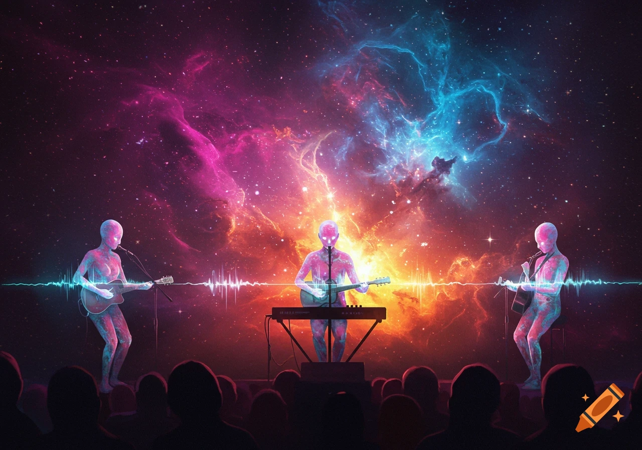 Three glowing humanoid figures perform music on a stage against a vibrant cosmic nebula background, with an audience in silhouette.
