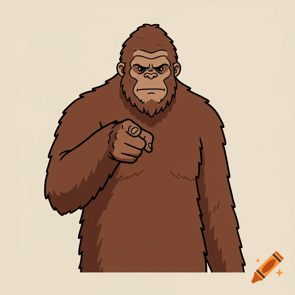 Cartoon Bigfoot with a stern expression pointing forward.
