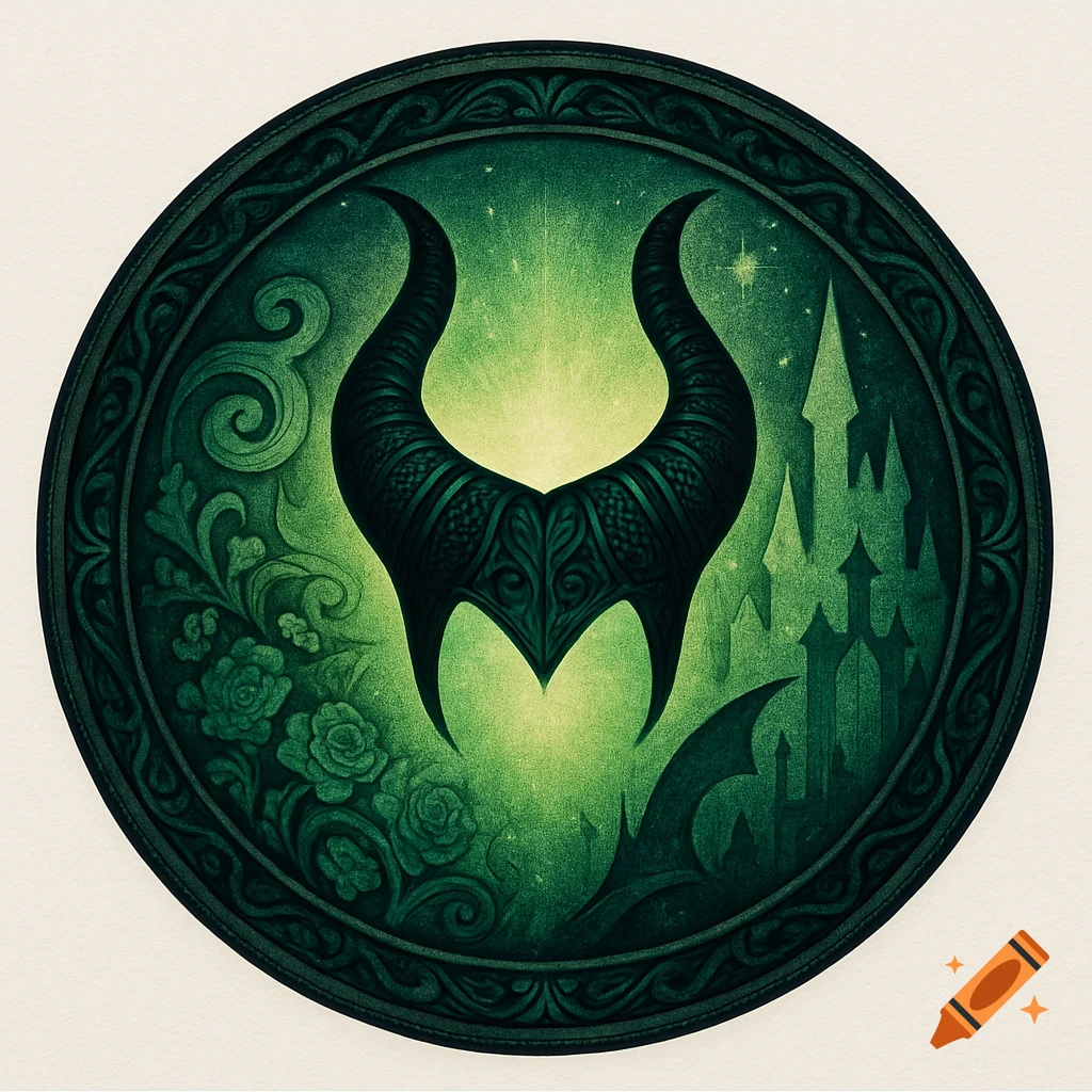 A dark green circular emblem featuring stylized Maleficent horns glowing with bright green light, surrounded by floral patterns and a gothic castle.